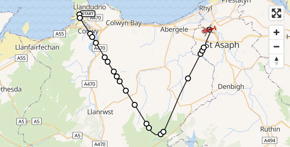 Flight route map: Air Ambulance Helicopter to Rhuddlan, Abergele Road