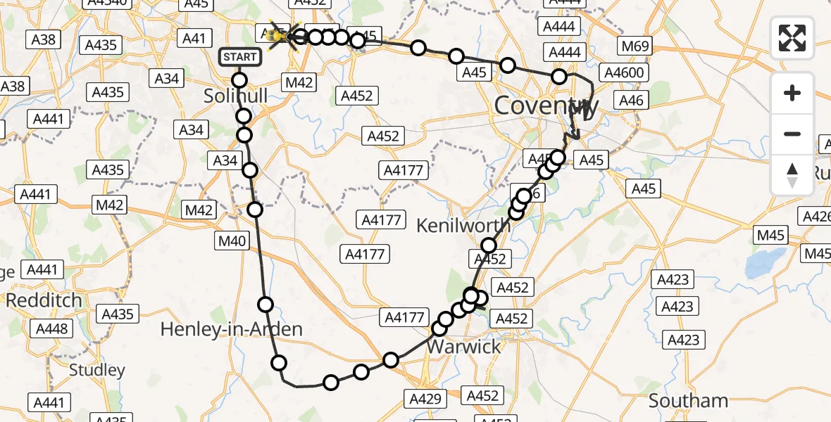 Flight route map: Police Helicopter to Bickenhill, Hermes Road