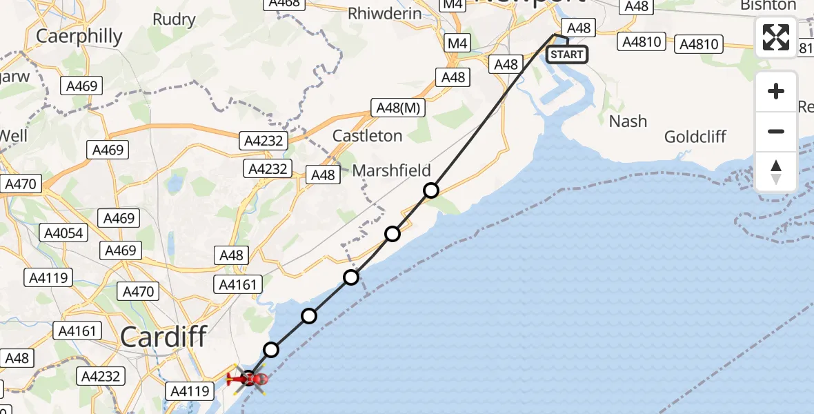 Flight route map: Air Ambulance Helicopter to Cardiff Heliport, Cardiff Heliport