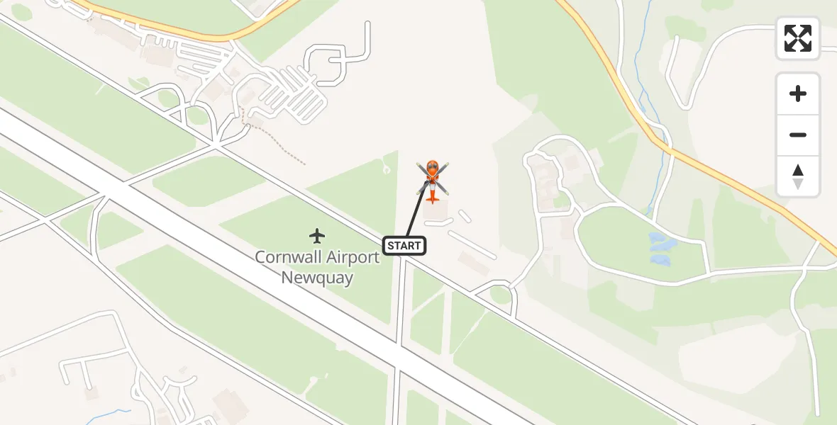 Flight path map showing Coastguard Helicopter route from Cornwall Airport Newquay to Cornwall Airport Newquay