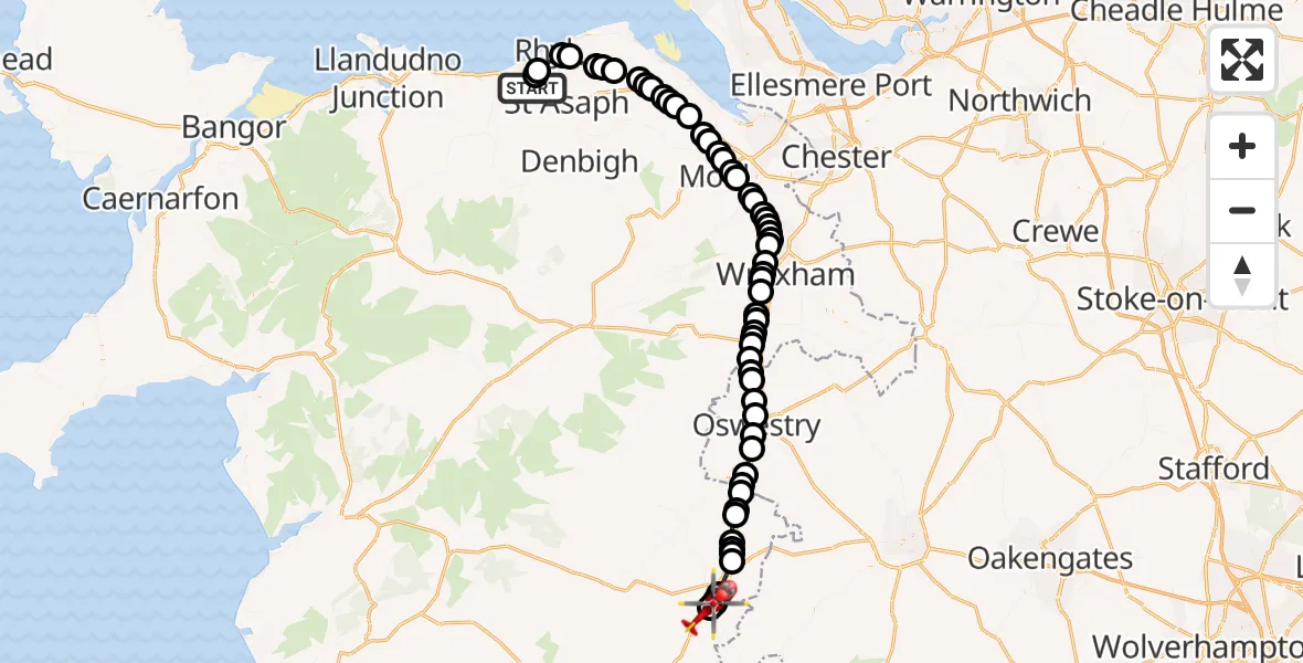 Flight route map: Air Ambulance Helicopter to Welshpool Airport, Welshpool Airport