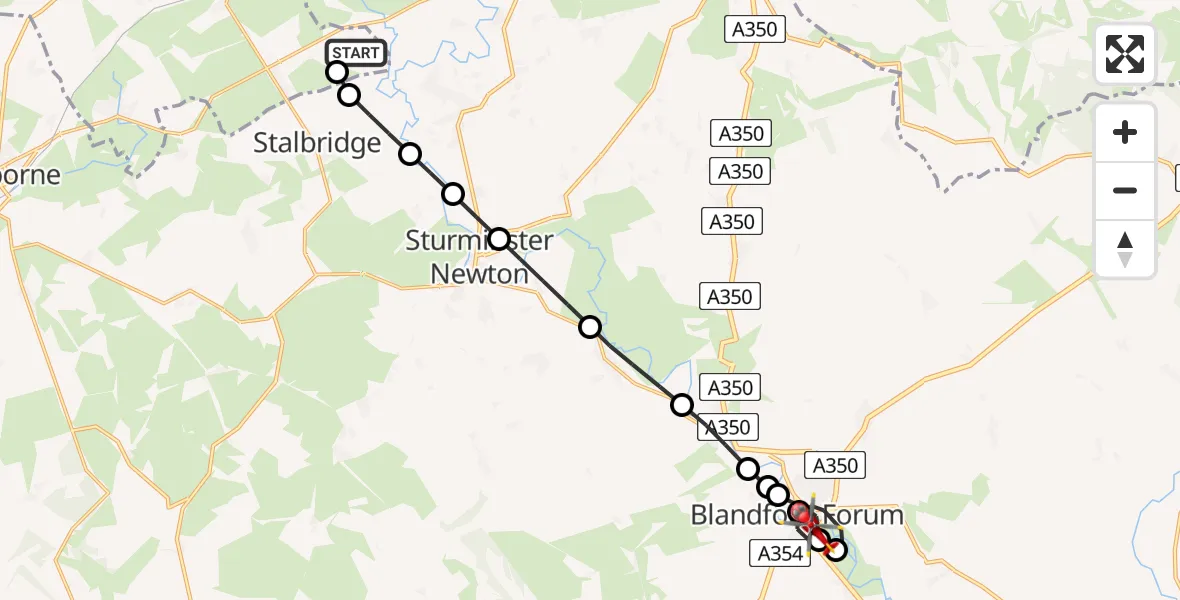 Flight route map: Air Ambulance Helicopter to Blandford St. Mary, Blandford Bypass