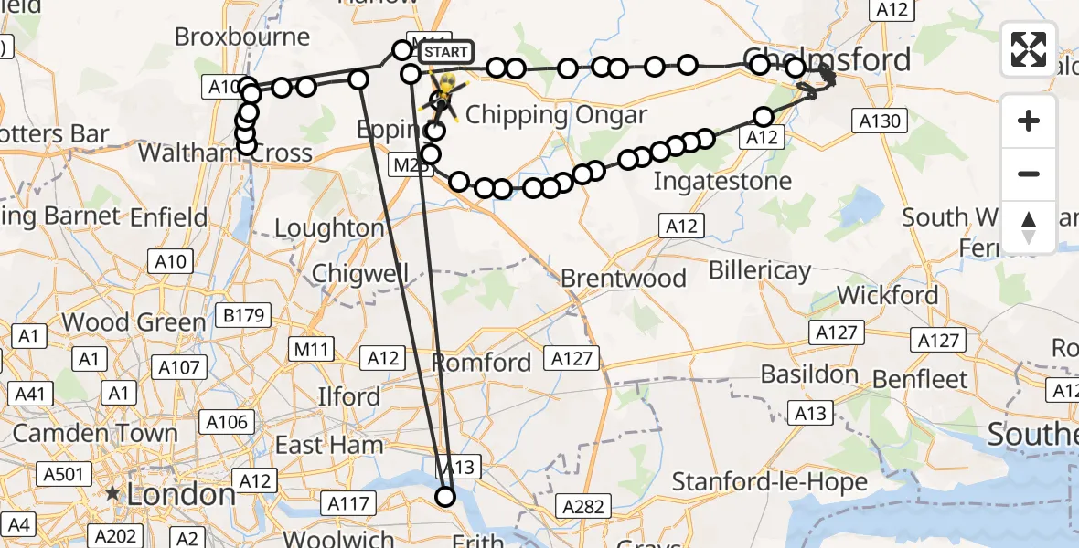 Flight route map: Police Helicopter to North Weald Bassett, Epping Road