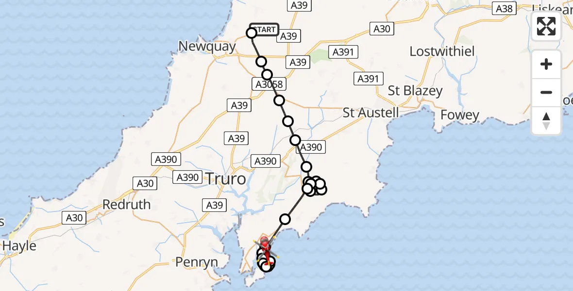 Flight route map: Air Ambulance Helicopter to Portscatho, Treventon Close