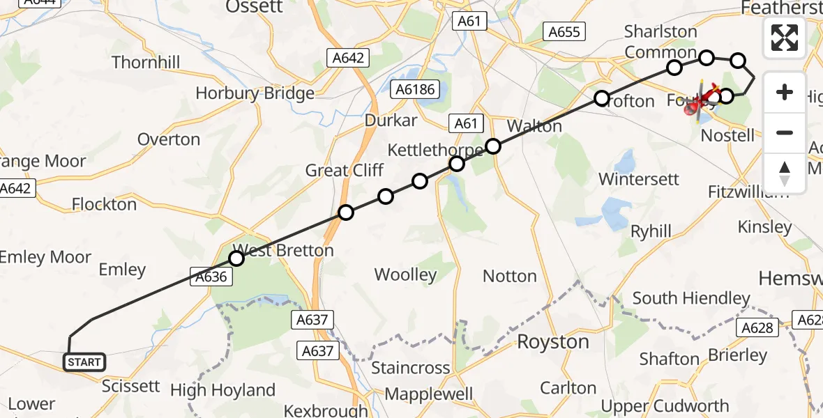 Routekaart van de vlucht: Air Ambulance Helicopter to YAA Nostell Helicopter Port, YAA Nostell Helicopter Port