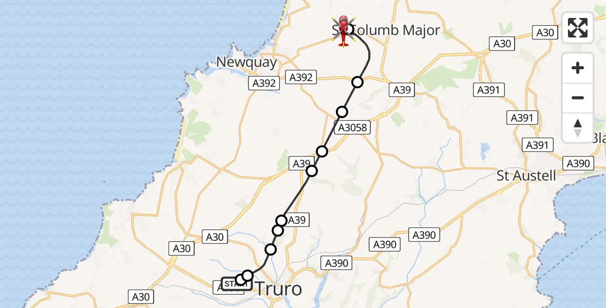 Flight route map: Air Ambulance Helicopter to Cornwall Airport Newquay, Cornwall Airport Newquay