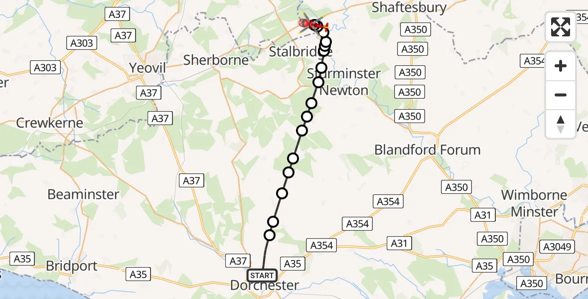 Flight route map: Air Ambulance Helicopter to Henstridge, Henstridge Airfield
