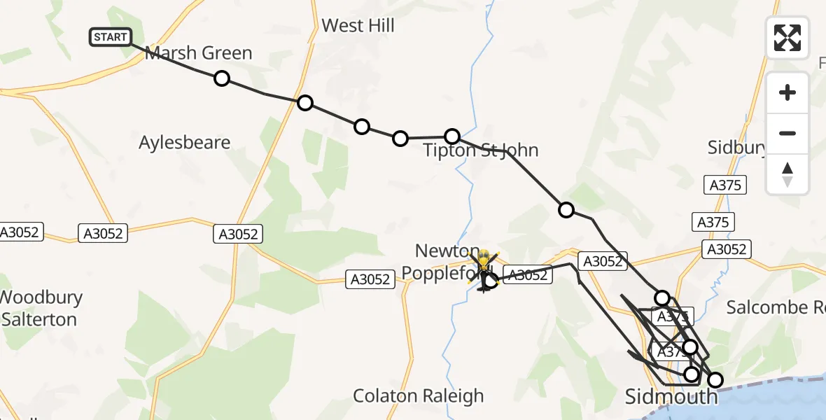 Routekaart van de vlucht: Police Helicopter to Harpford, Harpford