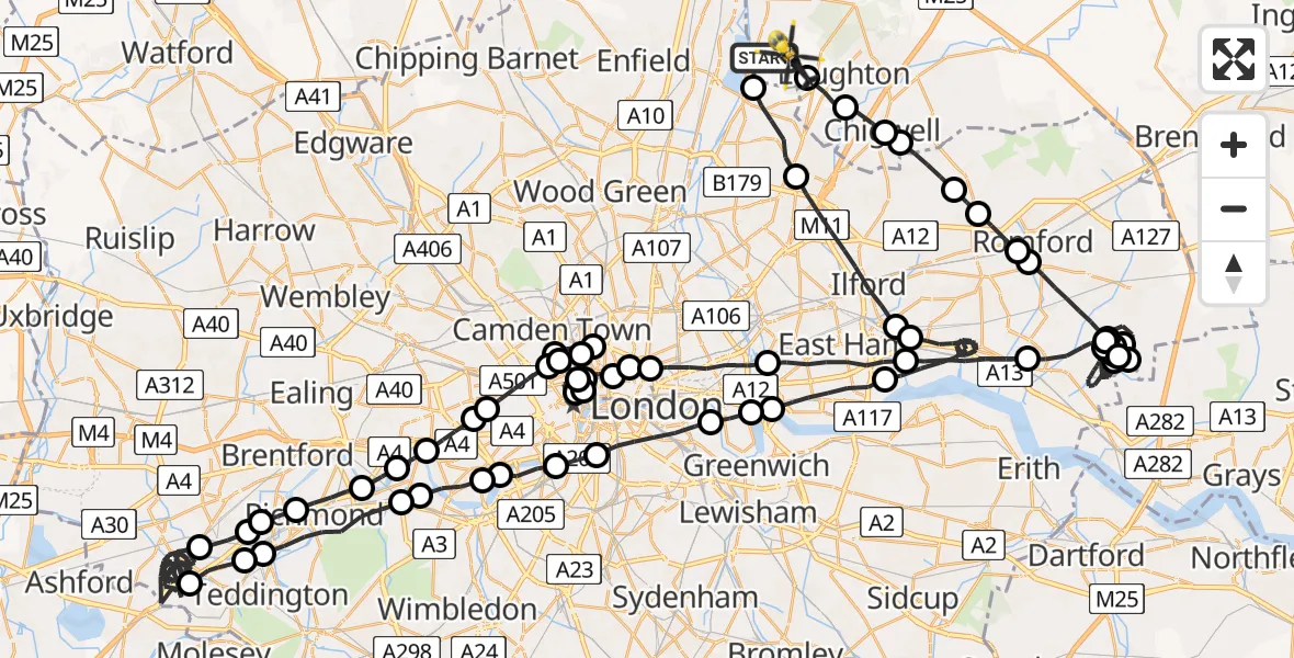 Flight path map showing Police Helicopter route from Sewardstonebury to Sewardstonebury