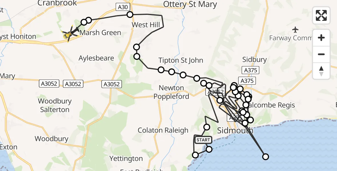 Routekaart van de vlucht: Police Helicopter to Rockbeare, Silver Lane