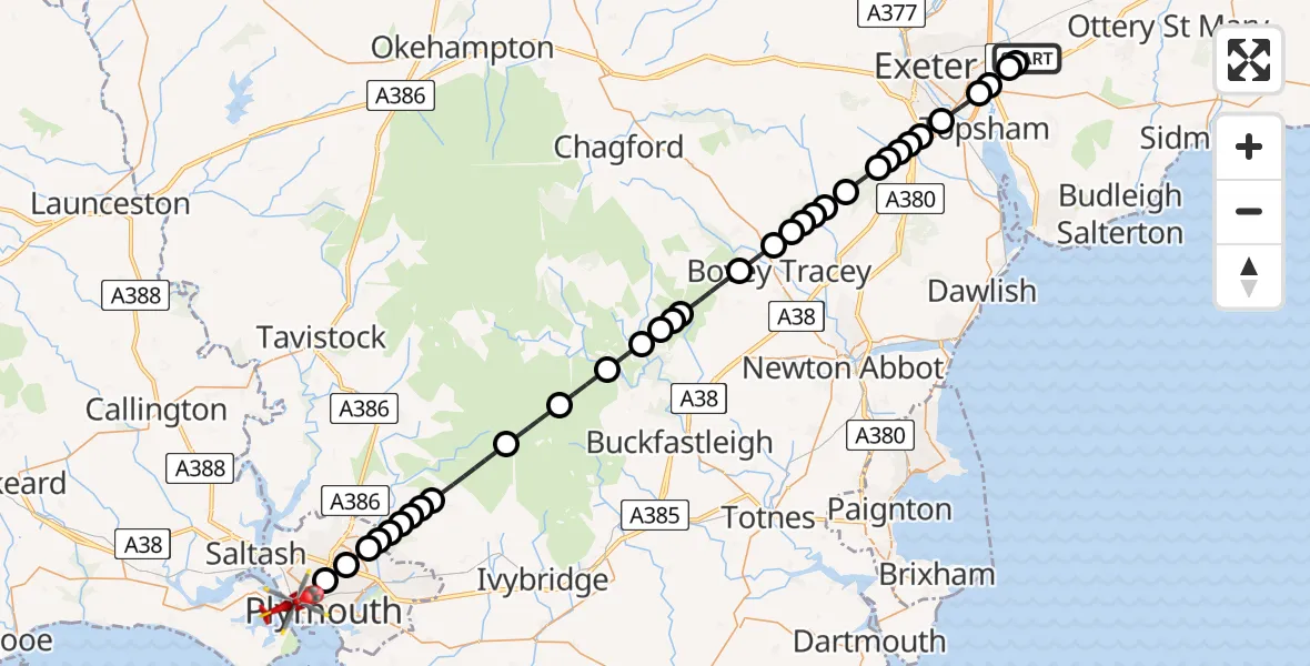 Flight route map: Air Ambulance Helicopter to Plymouth, St Aubyn Road