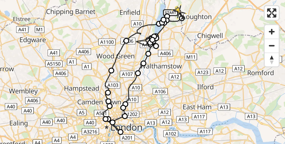 Flight route map: Police Helicopter to Sewardstonebury, Lippitts Hill