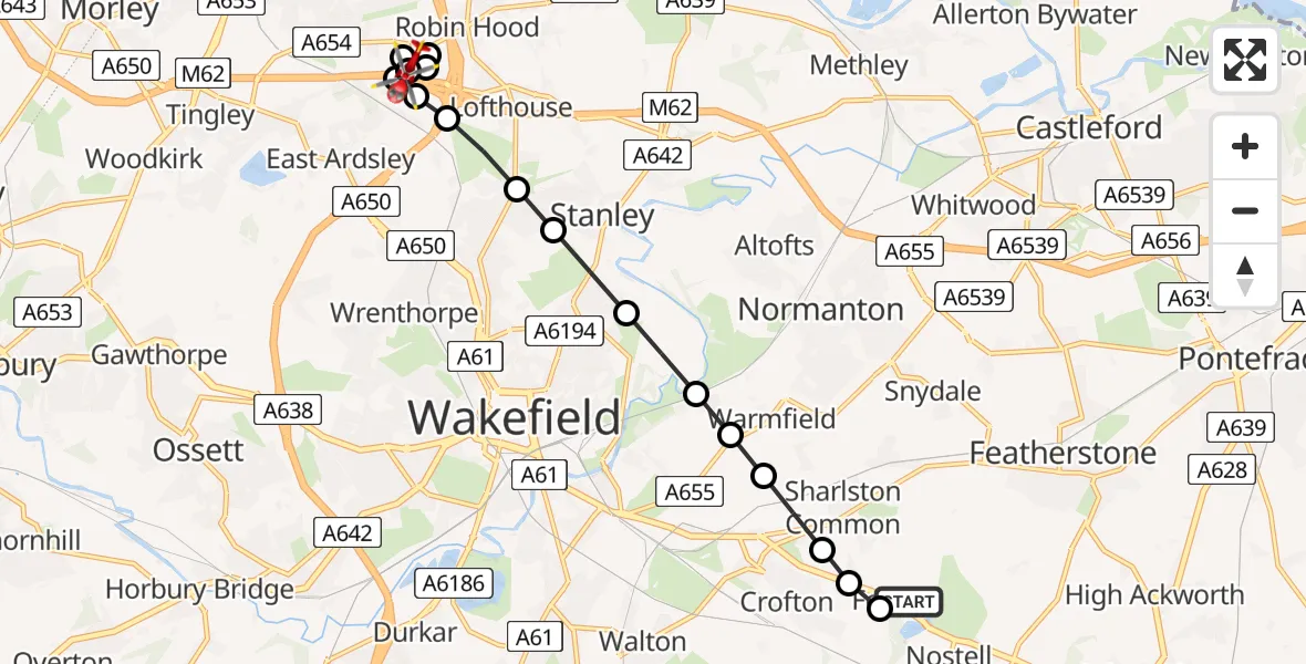 Flight route map: Air Ambulance Helicopter to Thorpe-on-the-Hill, Dolphin Lane