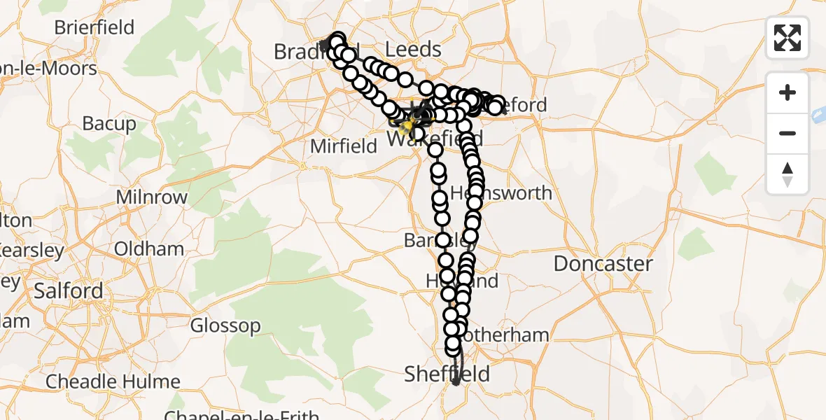 Flight path map showing Police Helicopter route from East Ardsley to Wakefield