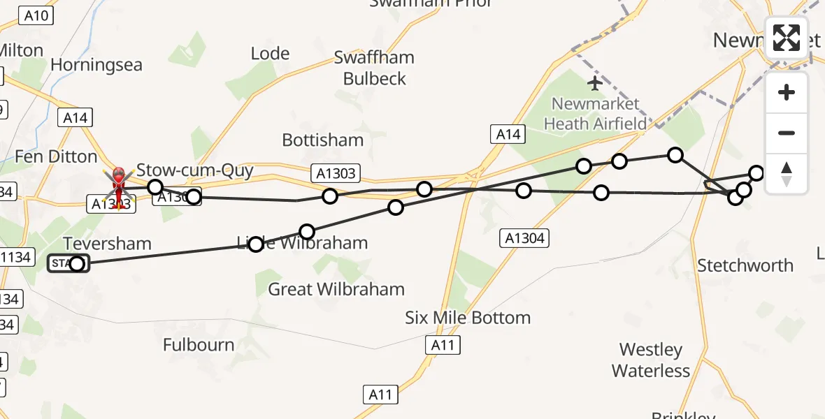 Routekaart van de vlucht: Air Ambulance Helicopter to Fen Ditton, High Ditch Road