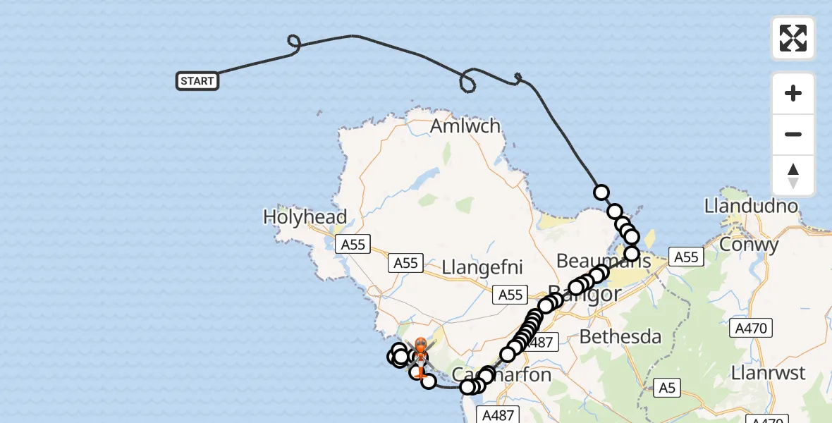 Flight route map: Coastguard Helicopter to Bodorgan, Bodorgan