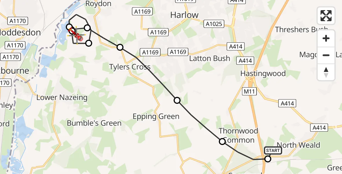 Flight route map: Air Ambulance Helicopter to Roydon, Low Hill Road