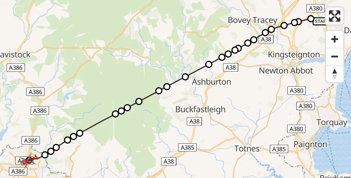 Flight route map: Air Ambulance Helicopter to Derriford Hospital, Derriford Hospital