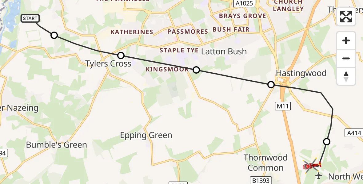 Routekaart van de vlucht: Air Ambulance Helicopter to North Weald Airfield, North Weald Airfield