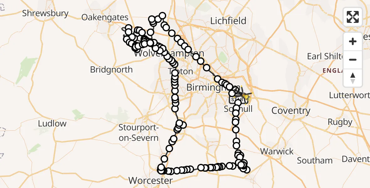 Flight route map: Police Helicopter to Birmingham, Coventry Road