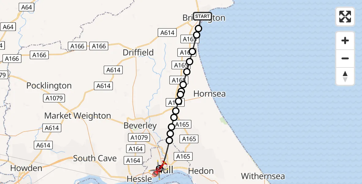 Flight route map: Air Ambulance Helicopter to Hull Royal Infirmary, Hull Royal Infirmary