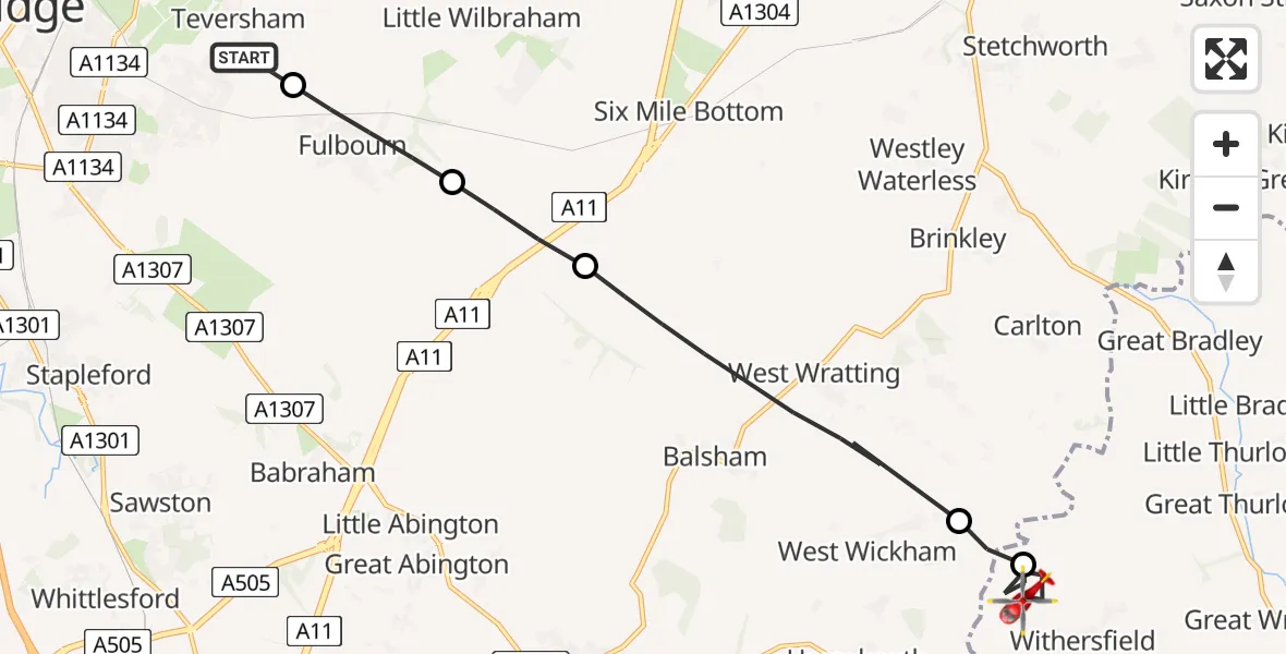 Routekaart van de vlucht: Air Ambulance Helicopter to Withersfield, Skipper's Lane