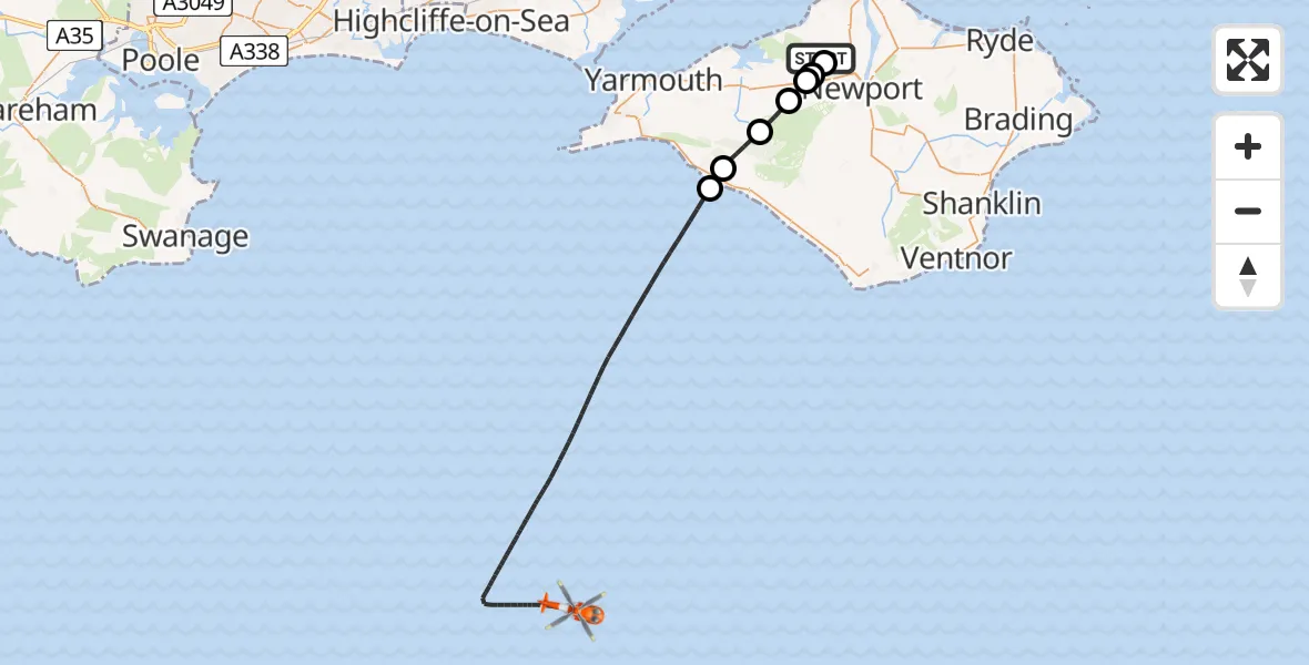 Flight route map: Coastguard Helicopter to English Channel, English Channel