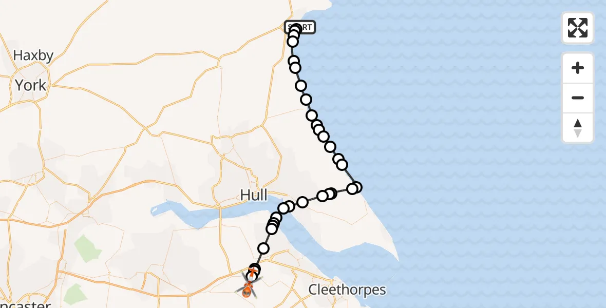 Flight route map: Coastguard Helicopter to Humberside Airport, Humberside Airport