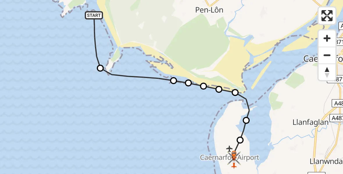 Flight route map: Coastguard Helicopter to Caernarfon Airport, Caernarfon Airport