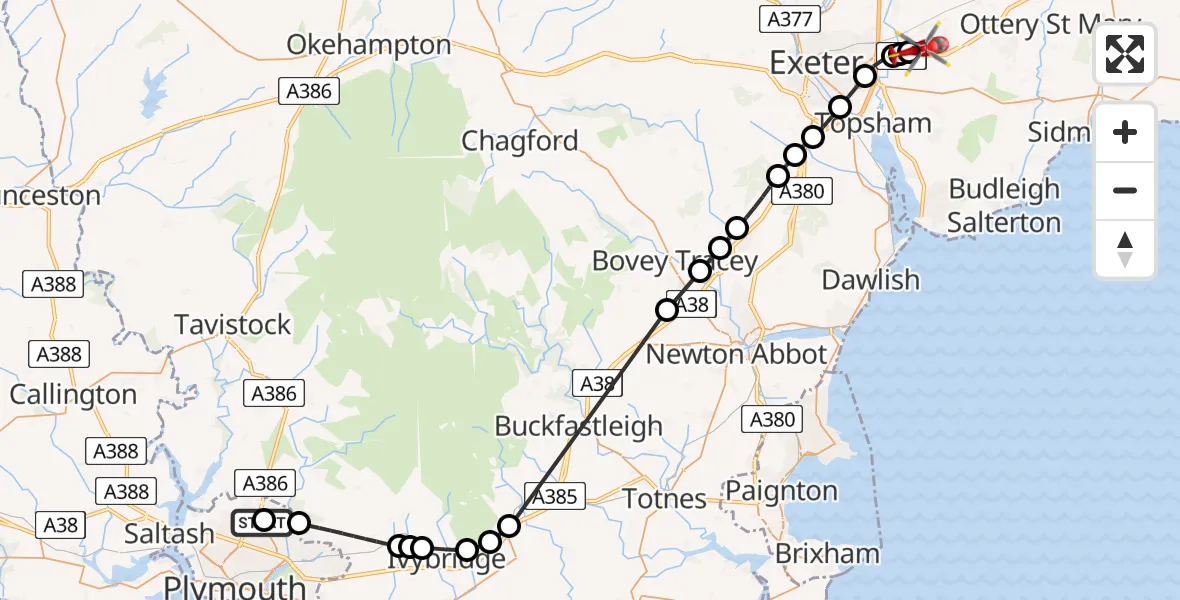 Flight route map: Air Ambulance Helicopter to Exeter International Airport, Exeter International Airport