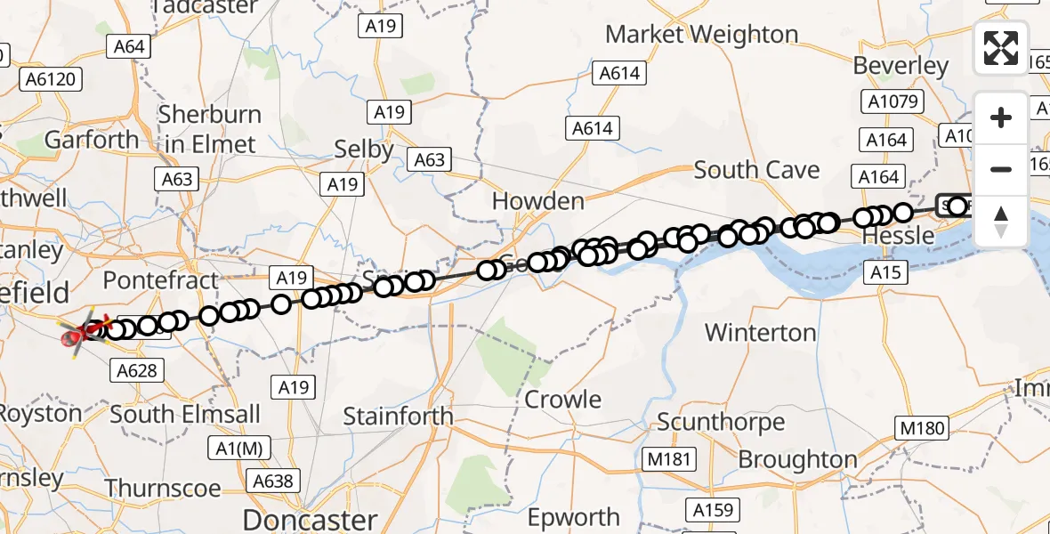 Flight route map: Air Ambulance Helicopter to YAA Nostell Helicopter Port, YAA Nostell Helicopter Port