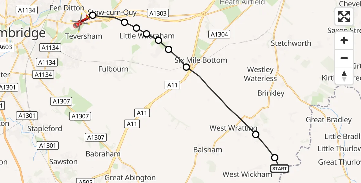 Routekaart van de vlucht: Air Ambulance Helicopter to Fen Ditton, Newmarket Road