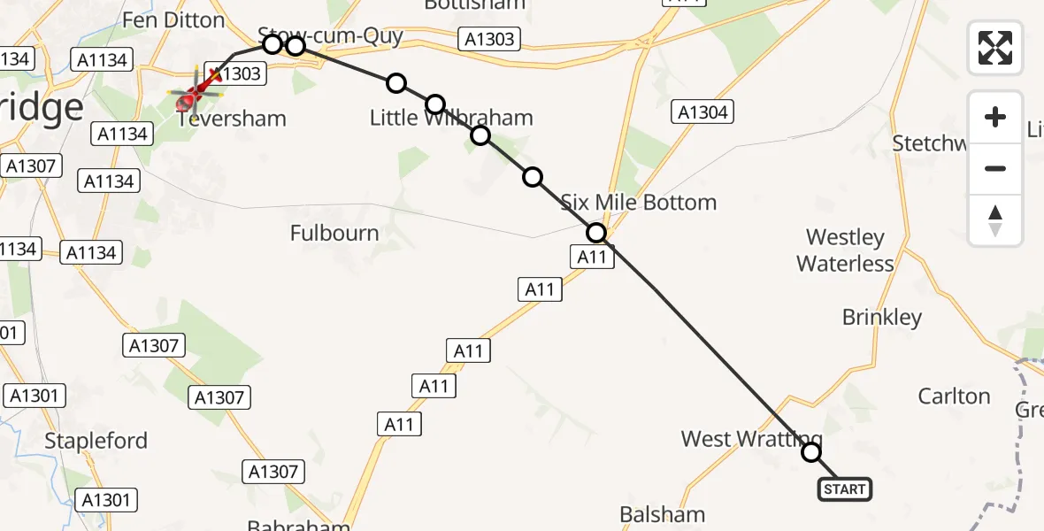 Routekaart van de vlucht: Air Ambulance Helicopter to Cambridge City Airport, Cambridge City Airport