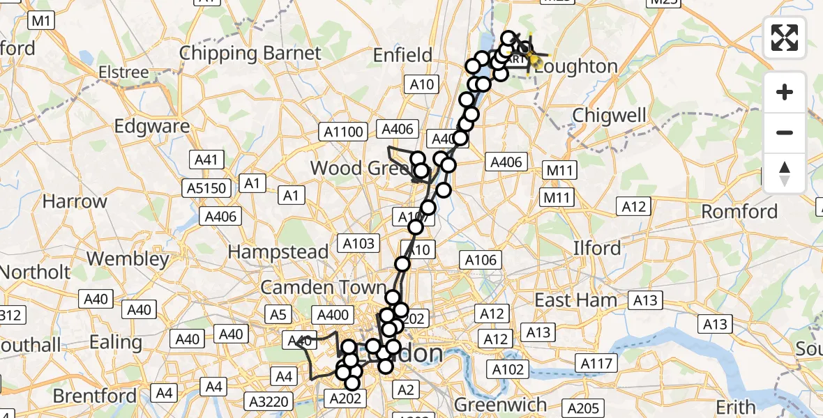 Flight route map: Police Helicopter to Metropolitan Police Air Support Unit Lippitts Hill, Metropolitan Police Air Support Unit Lippitts Hill