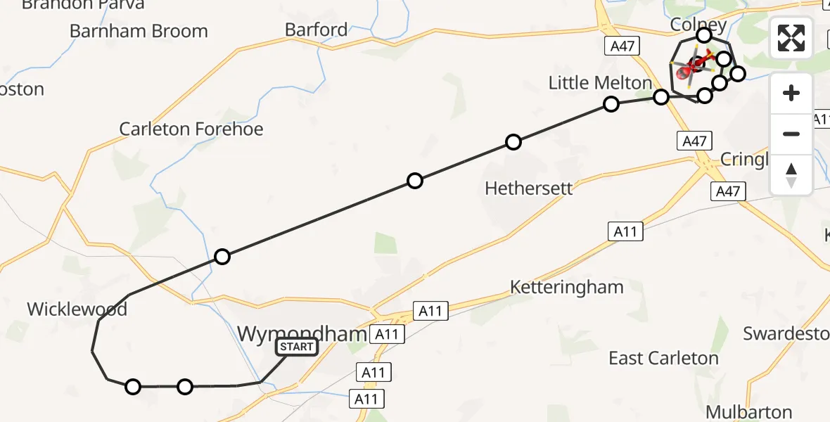 Routekaart van de vlucht: Air Ambulance Helicopter to Norfolk & Norwich Hospital, Norfolk & Norwich Hospital