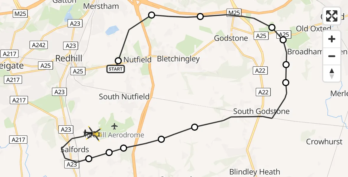 Flight route map: Police Helicopter to Salfords, Mason's Bridge Road