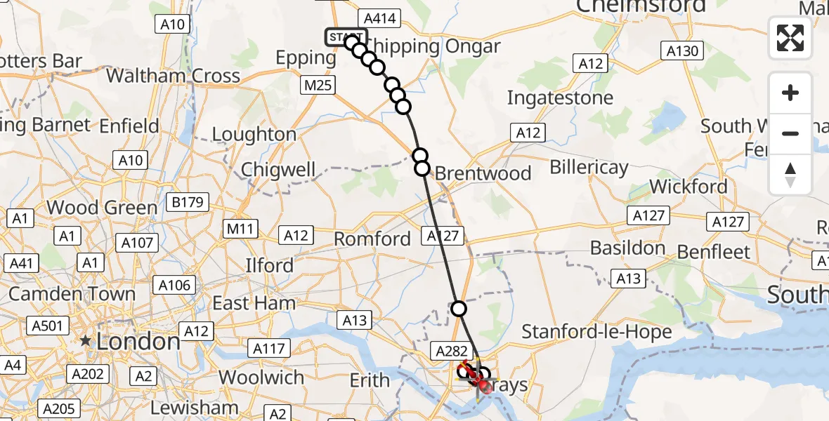 Flight route map: Air Ambulance Helicopter to South Ockendon, Mary Rose Close