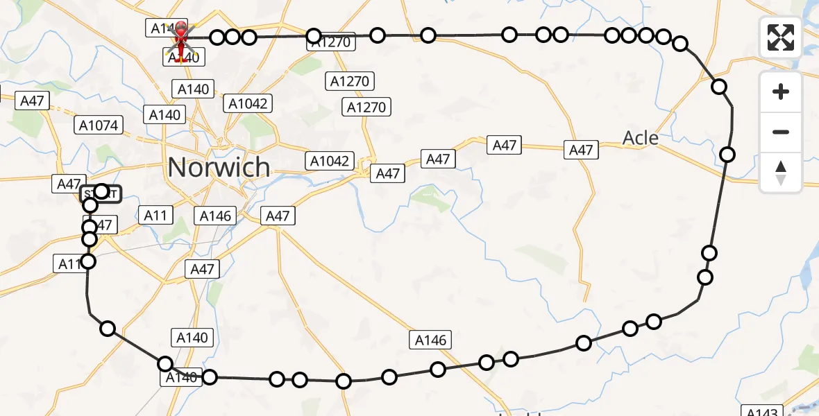 Flight route map: Air Ambulance Helicopter to Norwich Airport, Norwich Airport