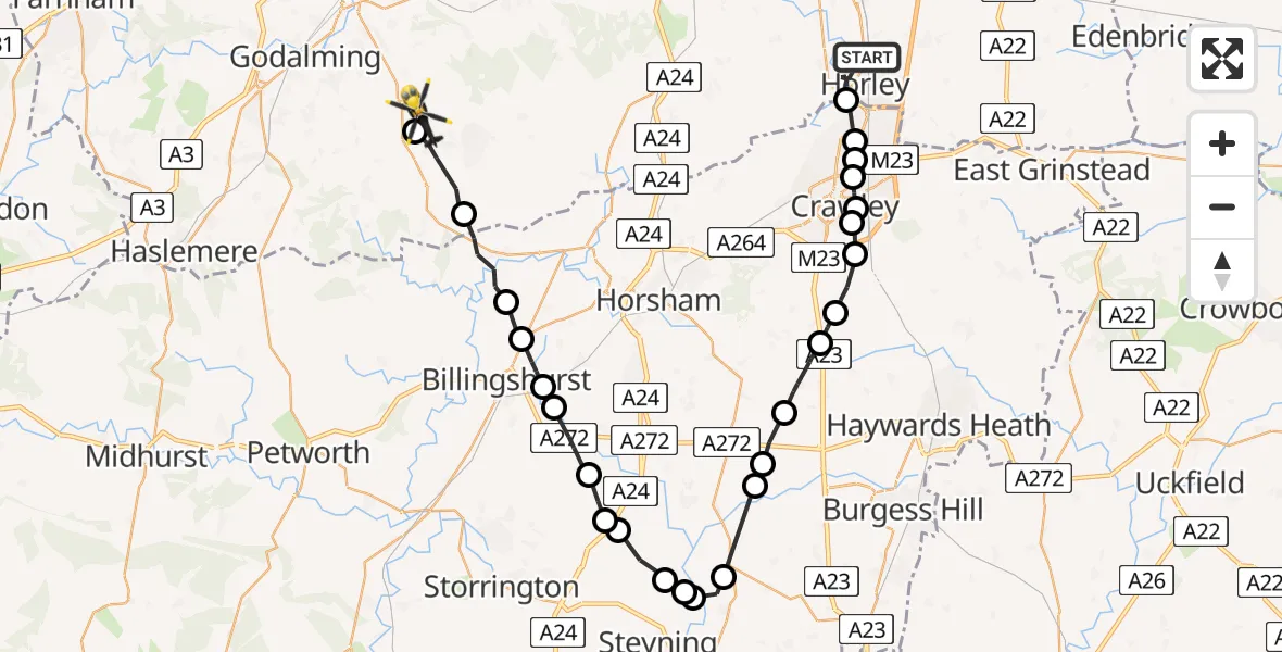 Routekaart van de vlucht: Police Helicopter to Cranleigh, East Whipley Lane
