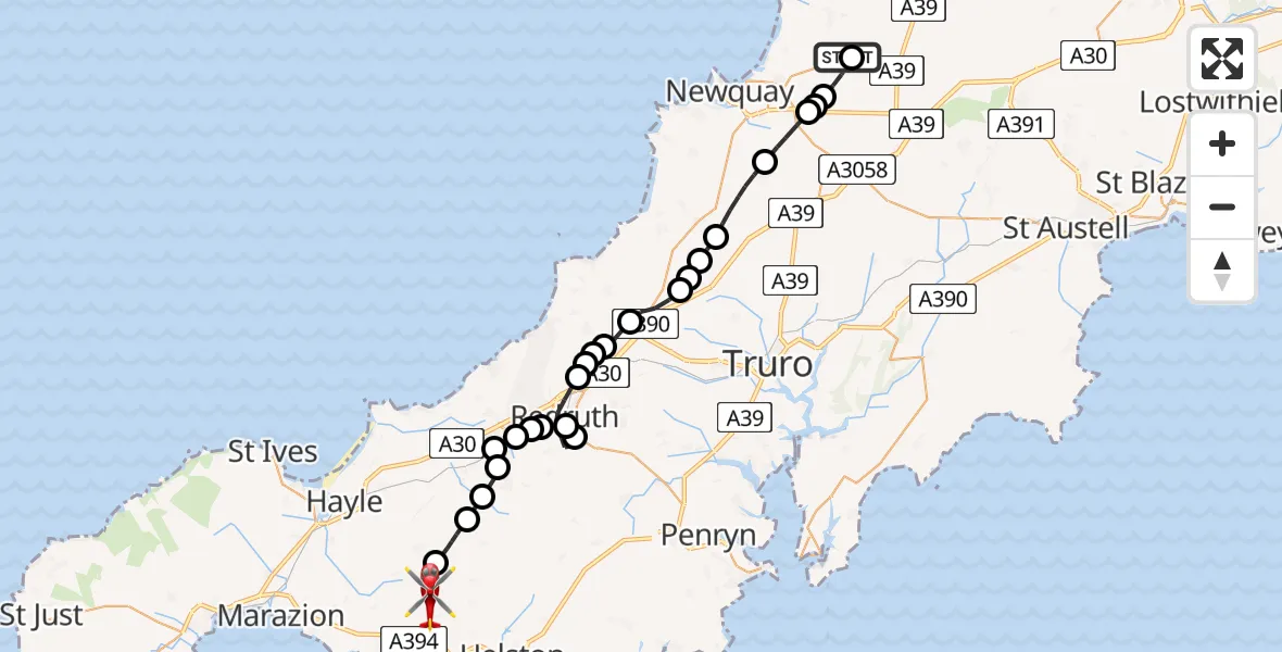 Flight route map: Air Ambulance Helicopter to Godolphin Cross, Godolphin Cross
