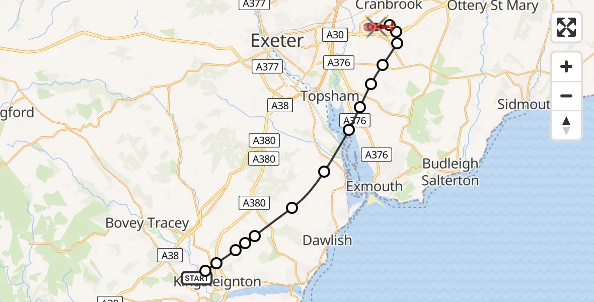 Flight route map: Air Ambulance Helicopter to Exeter International Airport, Exeter International Airport