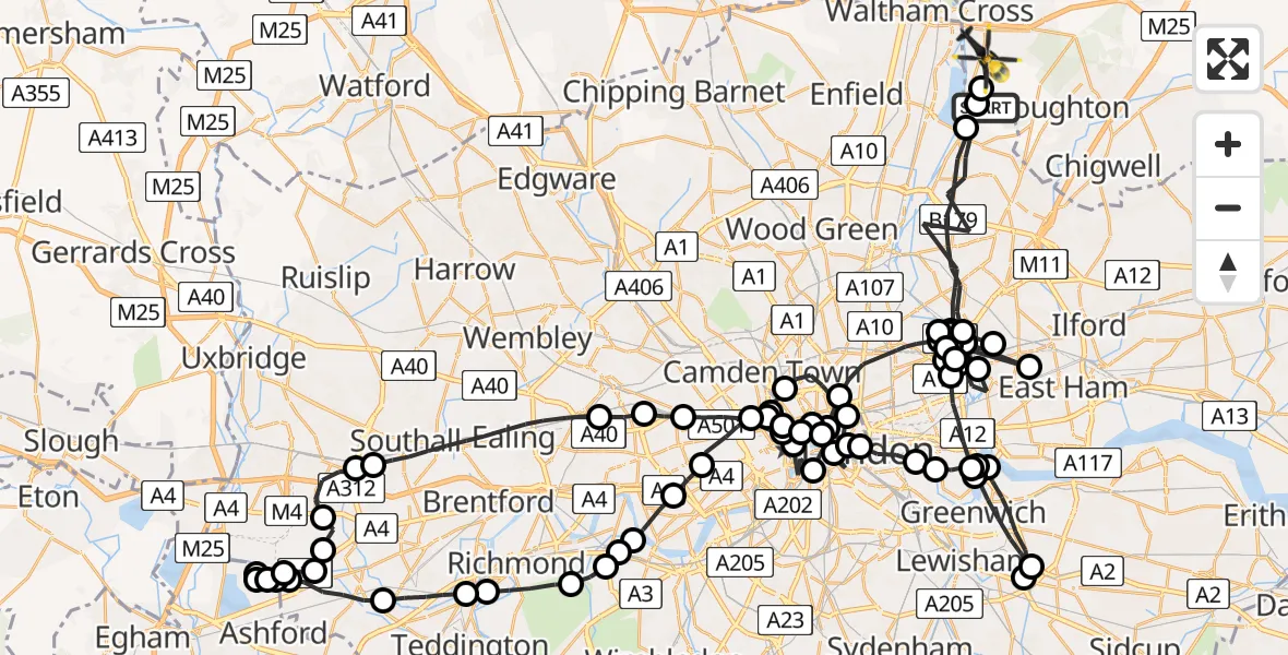 Flight route map: Police Helicopter to Epping Forest, Sewardstone Road