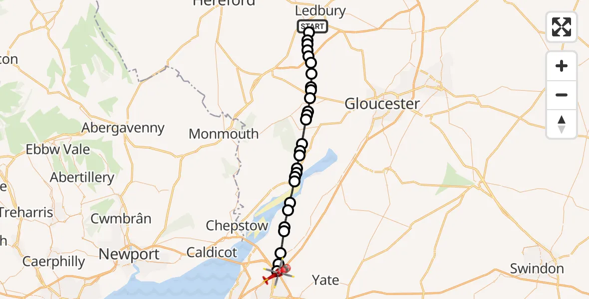 Flight route map: Air Ambulance Helicopter to Almondsbury Helicopter Base, Almondsbury Helicopter Base