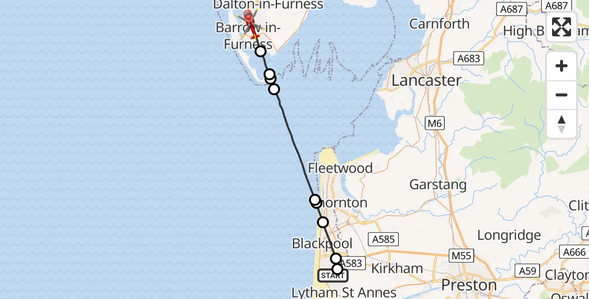 Flight route map: Air Ambulance Helicopter to Barrow-in-Furness, Derbyshire Road