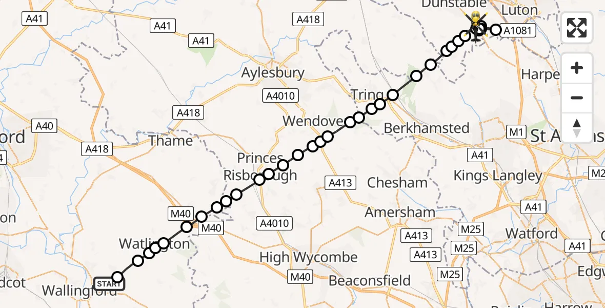 Flight route map: Police Helicopter to Markyate, London Road