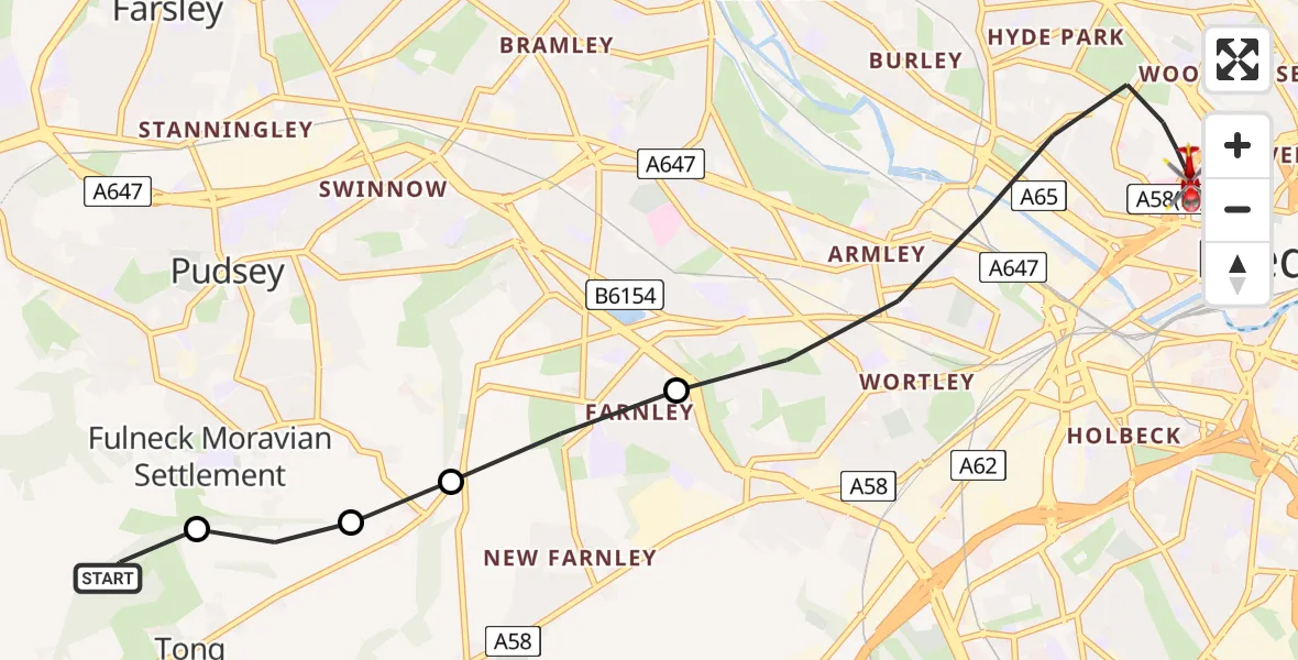 Routekaart van de vlucht: Air Ambulance Helicopter to Leeds, Great George Street