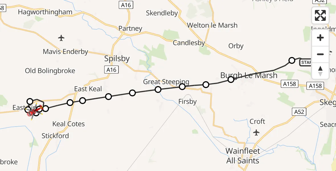 Flight route map: Air Ambulance Helicopter to East Kirkby Airfield, East Kirkby Airfield