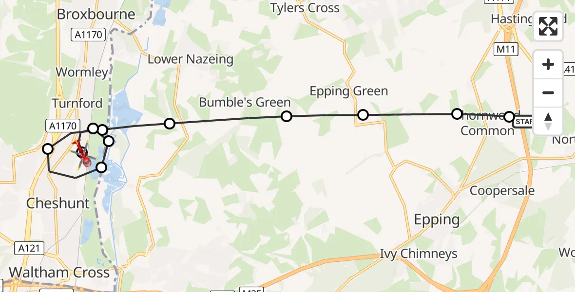 Flight route map: Air Ambulance Helicopter to Cheshunt, Mill Lane