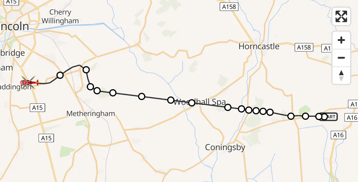 Routekaart van de vlucht: Air Ambulance Helicopter to North Kesteven, Sleaford Road