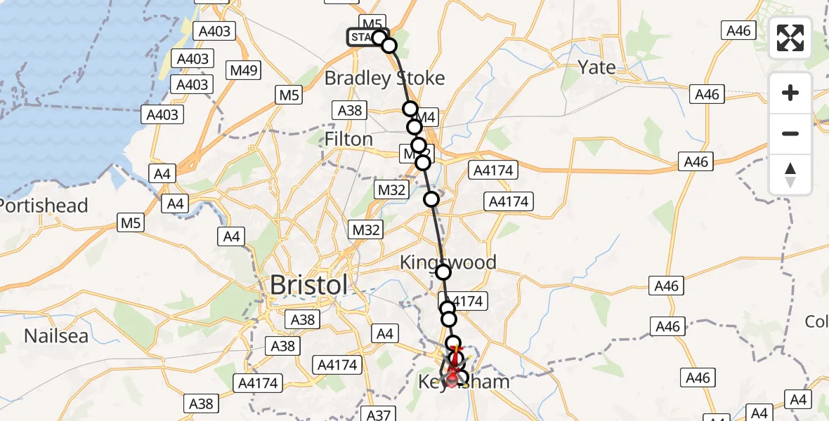 Flight route map: Air Ambulance Helicopter to Keynsham, Keynsham By-Pass